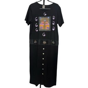 VIVA CITY kitty cat dress black long maxi 100% cotton vintage relaxed small